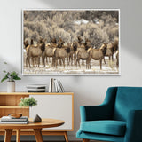 90269422-MGV-FC-36X24_White-Elk Herd Scene Wall Art Canvas Print, Framed Rustic Wildlife Decor Art Picture Print, Western Cabin Style Perfect Rustic Lodge