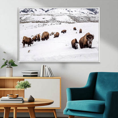13891210-MGV-CV-36X24-Bison Herd Scene Wall Art Canvas Print, Framed Western Wildlife Decor Art Picture Print, Snowy Mountain Valley Perfect Rustic