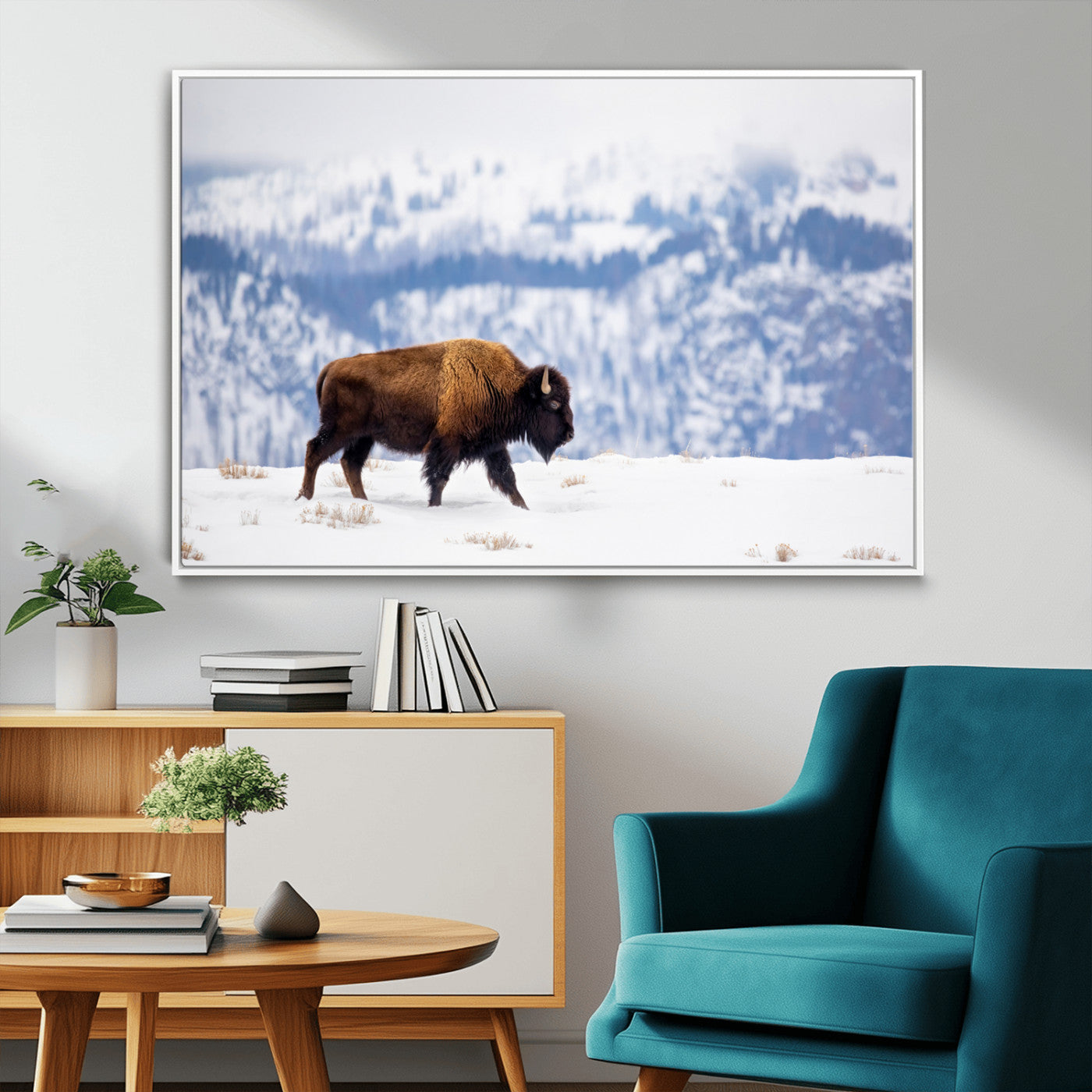 58512275-MGV-FC-36X24_White-Cowboy Aesthetic Wall Art Canvas Print, Framed Neutral Animal Theme Art Picture Print, Bison Ranch Style Perfect Rustic Western