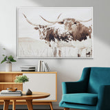 48161868-MGV-CV-36X24-Longhorn Cow Decor Wall Art Canvas Print, Framed Rustic Cattle Art Picture Print, Sepia Western Vibe Perfect Neutral Rustic