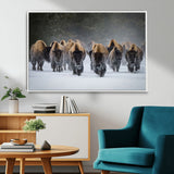 41669135-MGV-CV-36X24-Bison Herd Scene Wall Art Canvas Print, Framed Rustic Wildlife Decor Art Picture Print, Snowy Bison Landscape Perfect Rustic