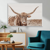 77810049-MGV-CV-36X24-Longhorn Bull Photo Wall Art Canvas Print, Framed Rustic Cow Decor Art Picture Print, Neutral Farmhouse Style Perfect Rustic