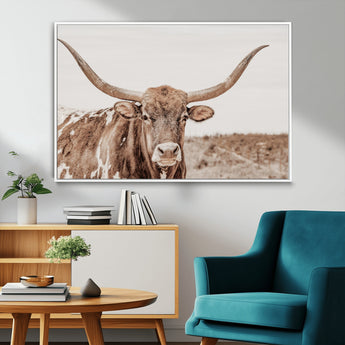 77810049-MGV-CV-36X24-Longhorn Bull Photo Wall Art Canvas Print, Framed Rustic Cow Decor Art Picture Print, Neutral Farmhouse Style Perfect Rustic