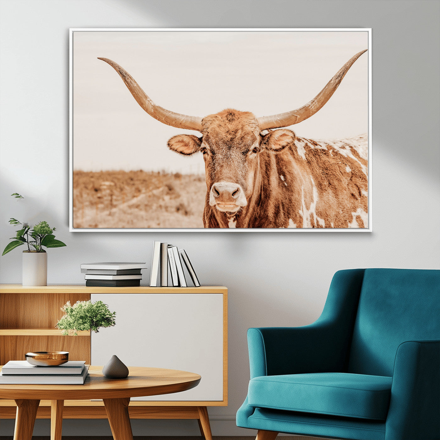 74406977-MGV-FC-36X24_White-Longhorn Bull Decor Wall Art Canvas Print, Framed Western Cow Theme Art Picture Print, Rustic Farmhouse Wall Perfect Neutral