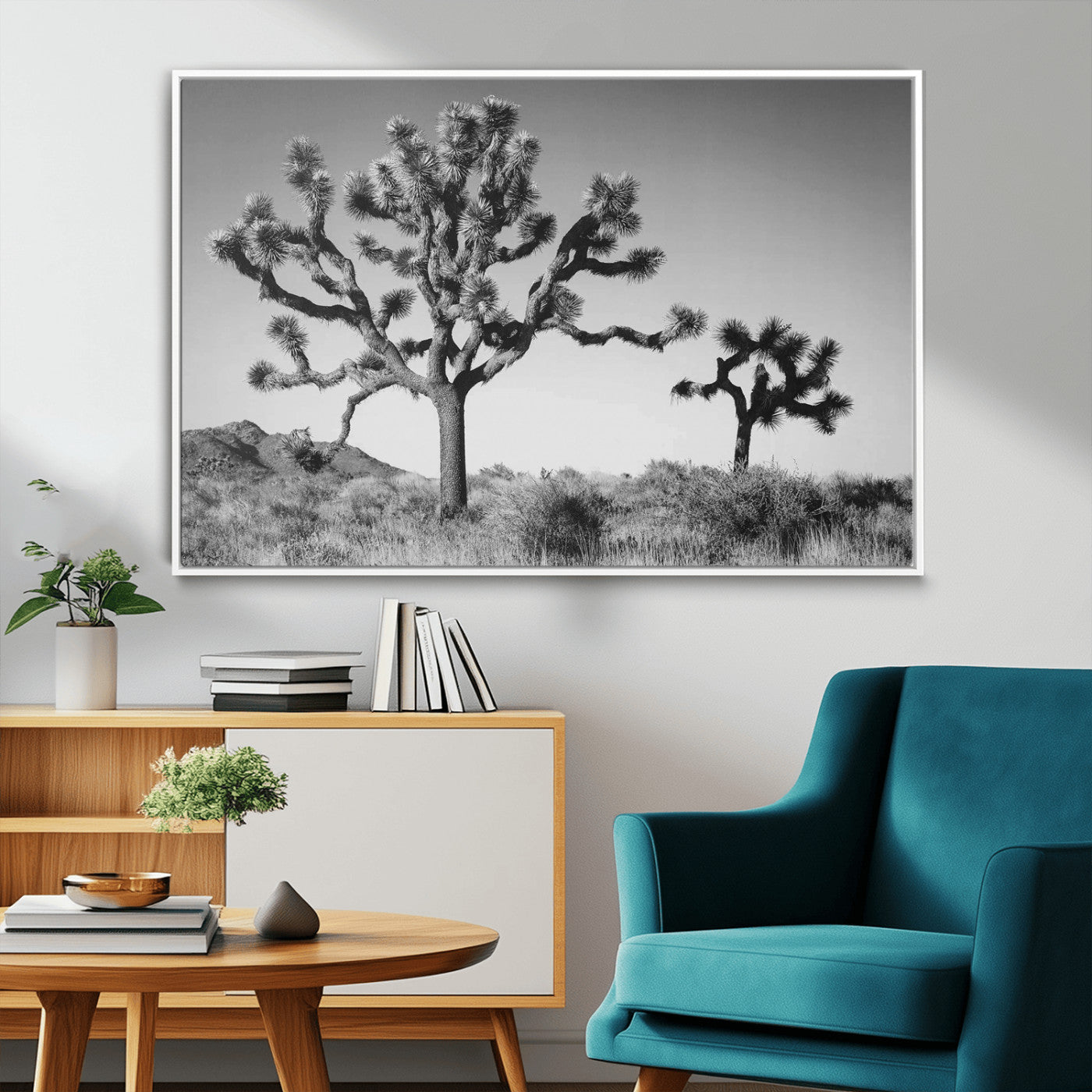 93692513-MGV-CV-36X24-Joshua Tree Wall Art Canvas Print, Framed Monochrome Desert Art Picture Print, Minimalist Nature Scene Perfect Southwestern