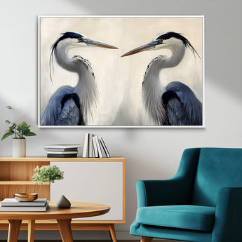 18230556-MGV-FC-36X24_White-Blue Heron Pair Wall Art Canvas Print, Framed Coastal Bird Theme Art Picture Print, Tranquil Wildlife Scene Perfect Coastal