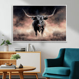 71457818-MGV-FC-36X24_White-Longhorn Wall Art Wall Art Canvas Print, Framed Western Bull Canvas Art Picture Print, Rustic Cow Decor Perfect Western Dramatic