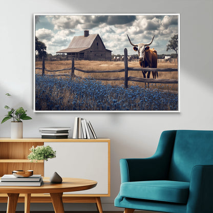 51092814-MGV-FC-36X24_White-Texas Longhorn Wall Art Wall Art Canvas Print, Framed Rustic Barn Canvas Art Picture Print, Farmhouse Cow Decor Perfect Rustic