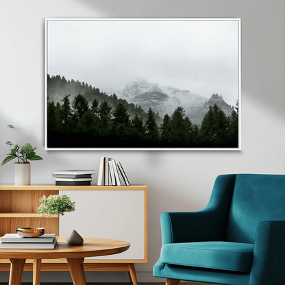 55968349-MGV-FC-36X24_White-Misty Mountains Wall Art Canvas Print, Framed Foggy Forest Art Picture Print, Snowy Peaks Perfect Moody Wilderness Decor Artwork