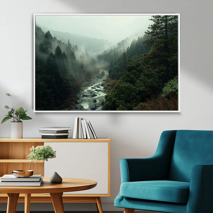 48497565-MGV-FC-36X24_White-Misty Forest Wall Art Canvas Print, Framed Foggy River Art Picture Print, Moody Landscape Perfect Moody Wilderness Decor Artwork