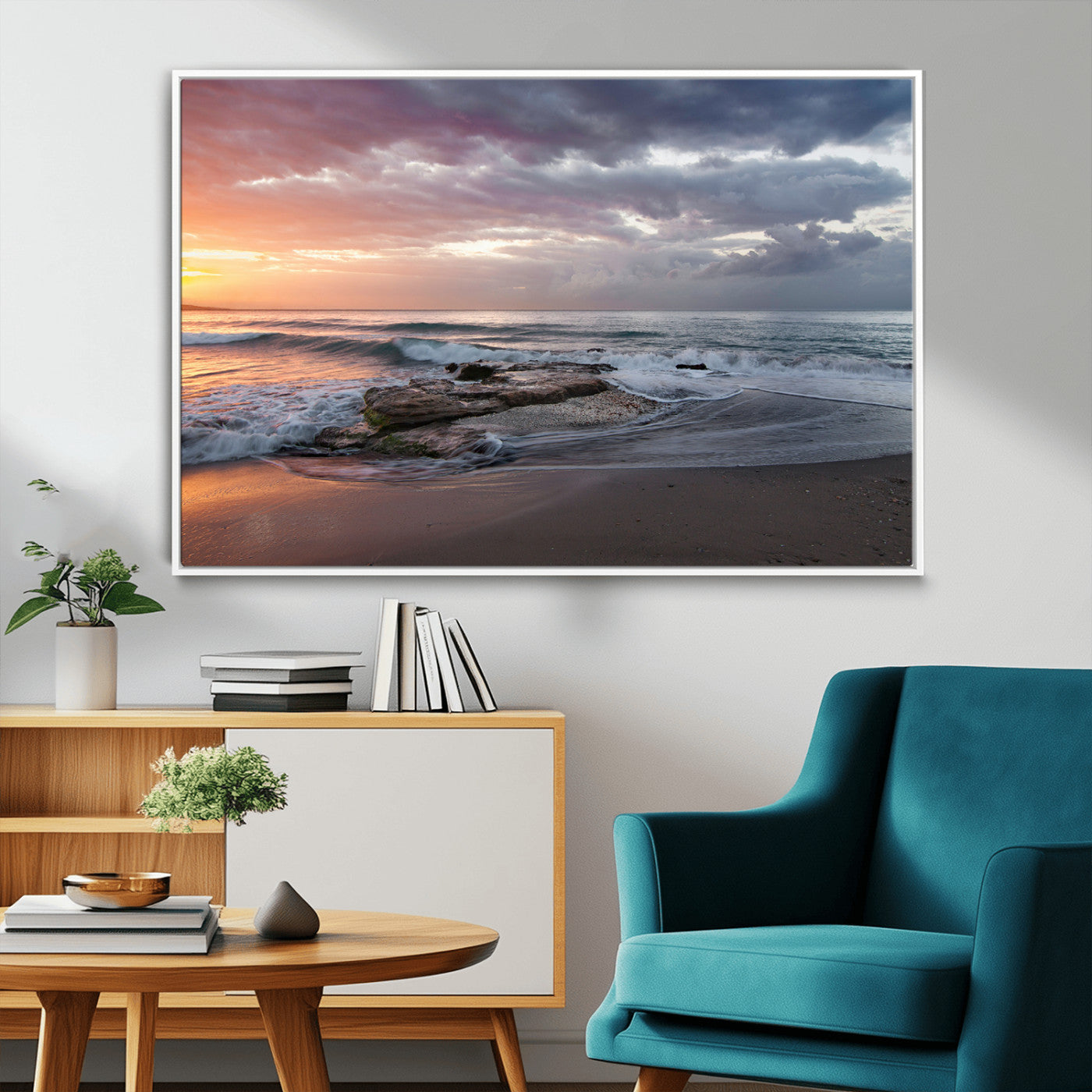 94208089-MGV-CV-36X24-Golden Hour Wall Art Canvas Print, Framed Tranquil Waves Art Picture Print, Beach Horizon Perfect Coastal Serenity Decor Artwork