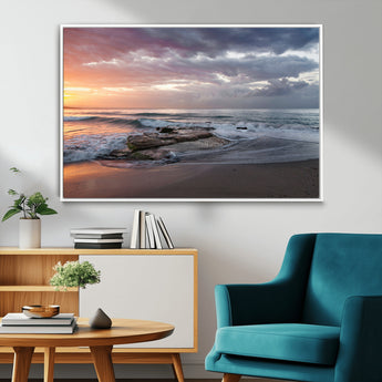 94208089-MGV-CV-36X24-Golden Hour Wall Art Canvas Print, Framed Tranquil Waves Art Picture Print, Beach Horizon Perfect Coastal Serenity Decor Artwork