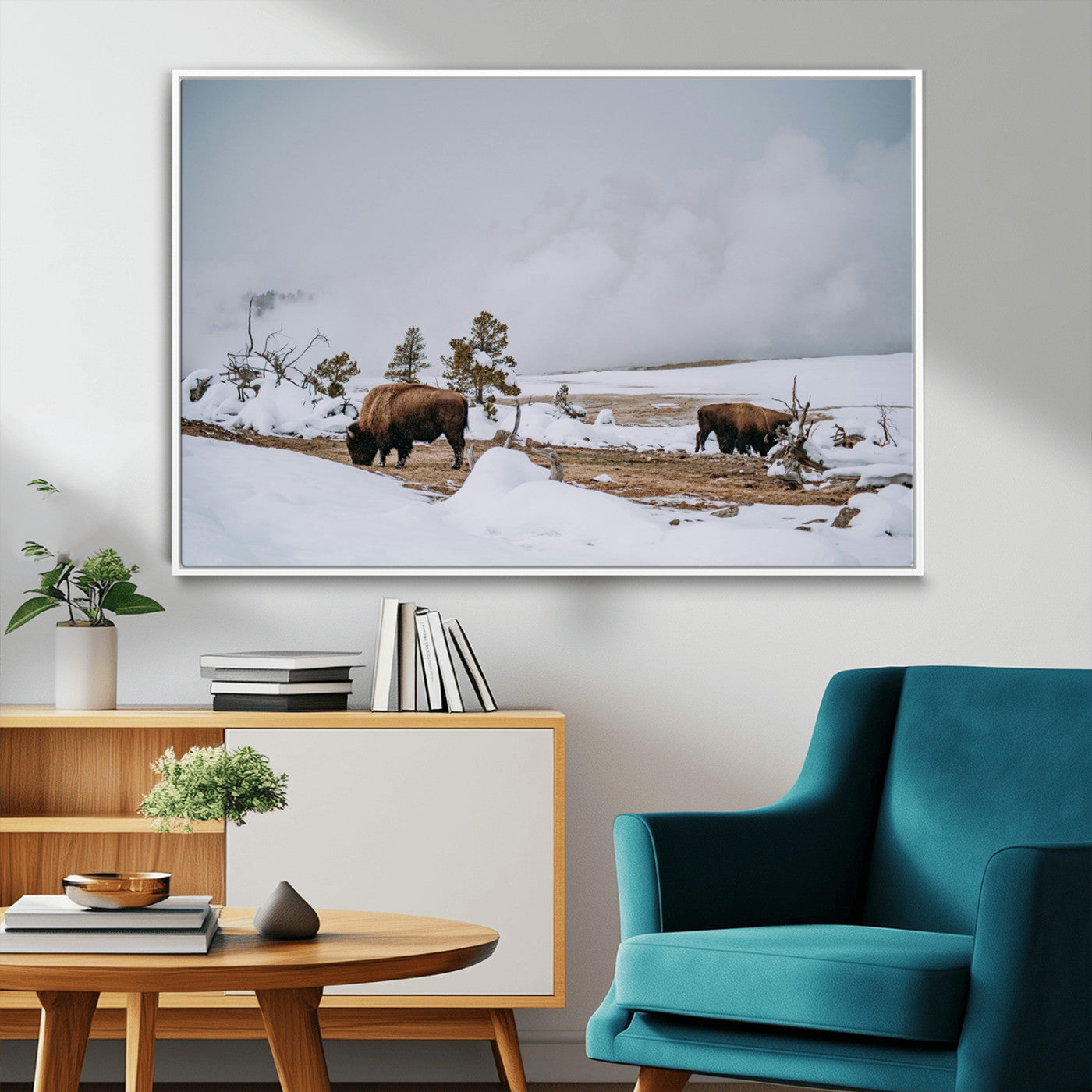 60308289-MGV-FC-36X24_White-Bison Wildlife Wall Art Canvas Print, Framed Snowy Prairie Art Picture Print, Western Landscape Perfect Rustic Winter Decor