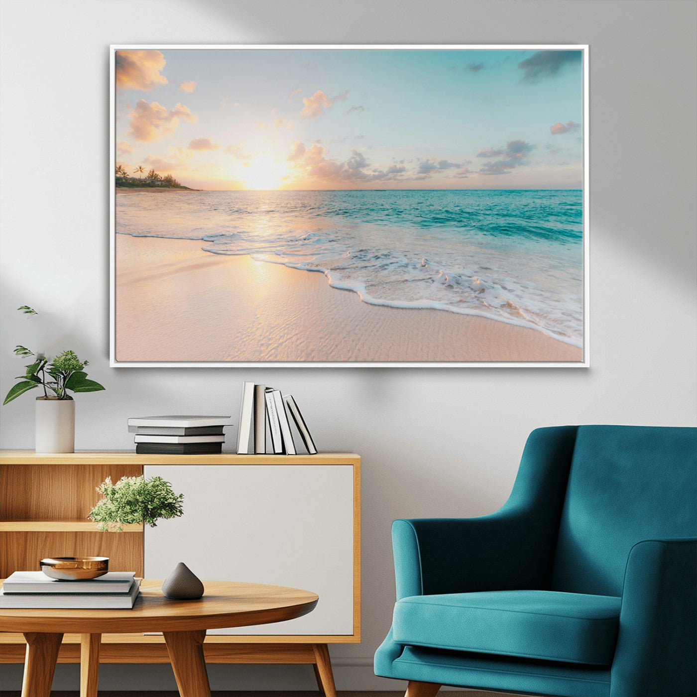 94538225-MGV-FC-36X24_White-Beach Sunset Wall Art Canvas Print, Framed Ocean Waves Art Picture Print, Summer Escape Perfect Coastal Serenity Decor Artwork