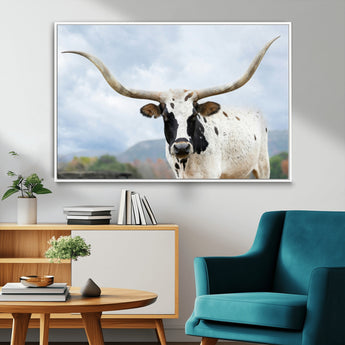 63592811-MGV-FC-36X24_White-Texas Longhorn Wall Art Canvas Print, Framed Western Rustic Art Picture Print, Farmhouse Decor Perfect Rustic Farmhouse Decor