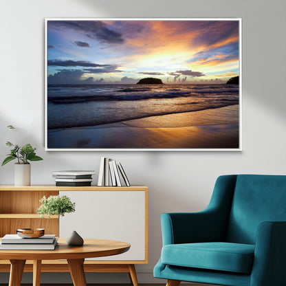 36714356-MGV-CV-36X24-Beach Sunset Wall Art Canvas Print, Framed Ocean Waves Art Picture Print, Tropical Seascape Perfect Coastal Serenity Decor Artwork