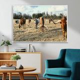 39144651-MGV-FC-36X24_White-Texas Longhorns Wall Art Canvas Print, Framed Rustic Farm Scene Art Picture Print, Western Cattle Perfect Rustic Farmhouse Decor