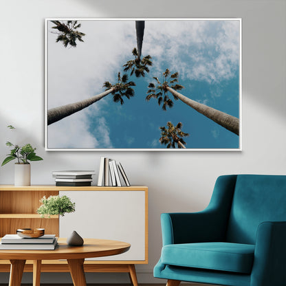 45236398-MGV-FC-36X24_White-Tropical Palm Trees Wall Art Canvas Print, Framed California Sky Art Picture Print, Minimalist Nature Perfect Coastal Minimalist