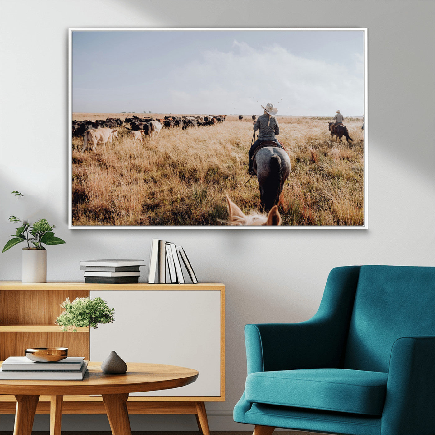 22431577-MGV-FC-36X24_White-Western Wall Art Wall Art Canvas Print, Framed Cowboy Canvas Art Picture Print, Cattle Drive Scene Perfect Rustic Western Decor