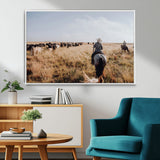 22431577-MGV-FC-36X24_White-Western Wall Art Wall Art Canvas Print, Framed Cowboy Canvas Art Picture Print, Cattle Drive Scene Perfect Rustic Western Decor