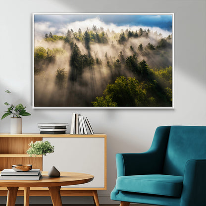 14785710-MGV-FC-36X24_White-Tranquil Forest Scene Wall Art Canvas Print, Framed Sunbeam Through Trees Art Picture Print, Moody Green Wall Art Perfect