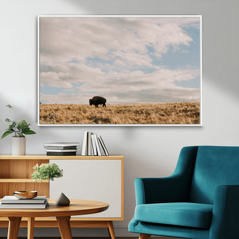 22754563-MGV-FC-36X24_White-Earthy Tones Wall Art Canvas Print, Framed Rustic Nature Art Picture Print, Solitary Buffalo Perfect Western Minimalist Decor