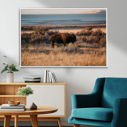 39509187-MGV-FC-36X24_White-Western Wildlife Wall Art Canvas Print, Framed Bison Art Picture Print, Golden Hour Perfect Western Rustic Decor Artwork