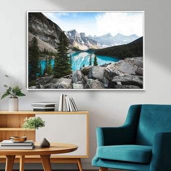 98014896-MGV-FC-36X24_White-Canadian Rockies Wall Art Canvas Print, Framed Mountain Landscape Art Picture Print, Turquoise Water Perfect Scandinavian