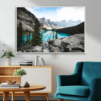 98014896-MGV-FC-36X24_White-Canadian Rockies Wall Art Canvas Print, Framed Mountain Landscape Art Picture Print, Turquoise Water Perfect Scandinavian