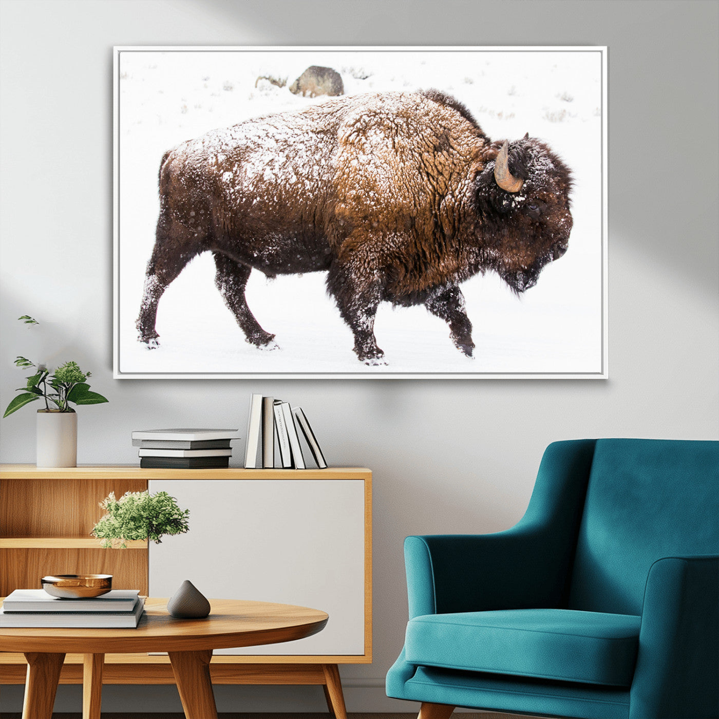 94261165-MGV-CV-36X24-Snowy Buffalo Wall Art Canvas Print, Framed Wildlife Photography Art Picture Print, Brown Tones Perfect Rustic Lodge Decor Decor