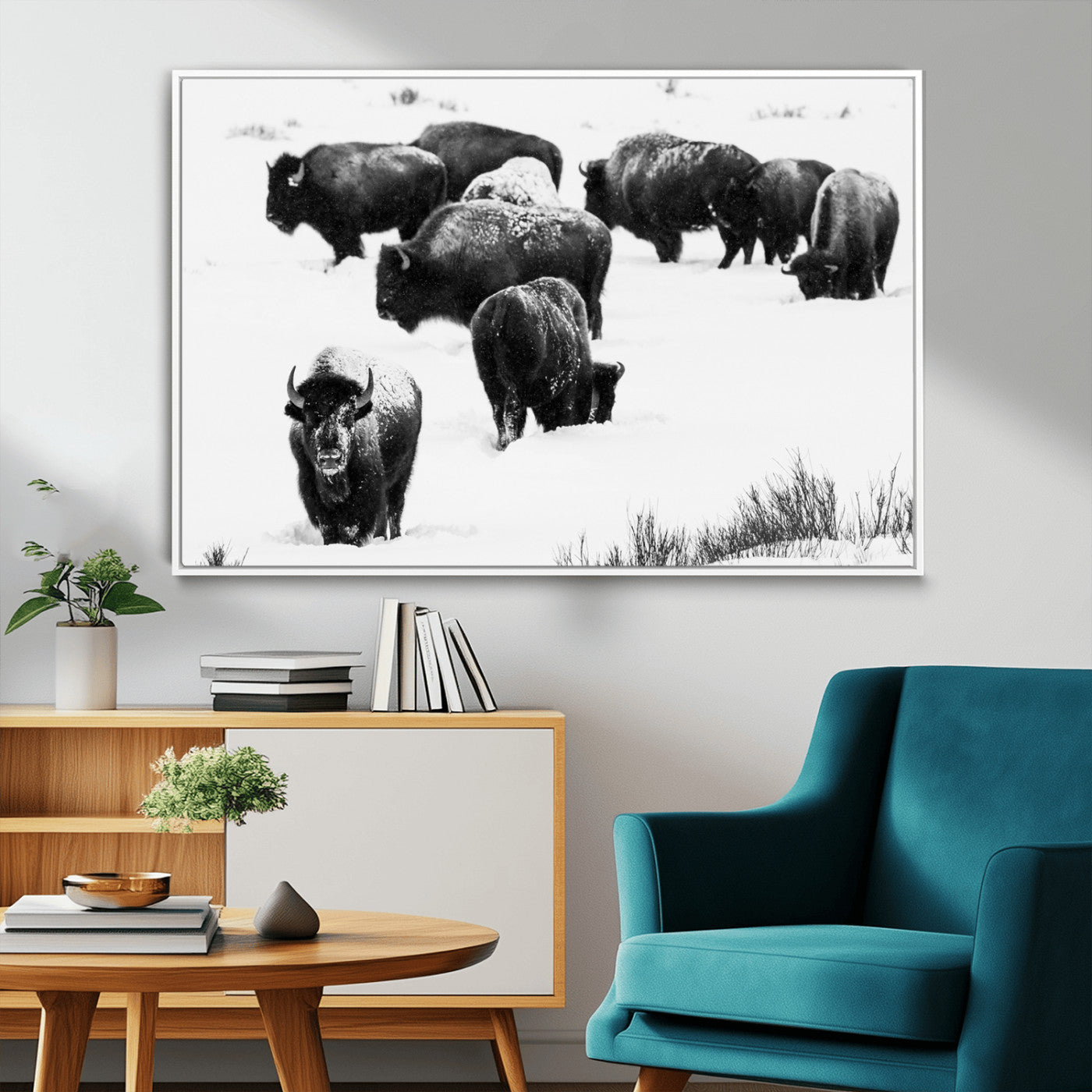 18914414-MGV-CV-36X24-Buffalo Herd Wall Art Canvas Print, Framed Black and White Art Picture Print, Snowy Landscape Perfect Rustic Lodge Decor Decor
