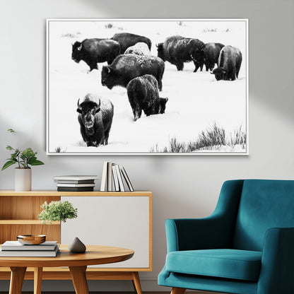 18914414-MGV-CV-36X24-Buffalo Herd Wall Art Canvas Print, Framed Black and White Art Picture Print, Snowy Landscape Perfect Rustic Lodge Decor Decor
