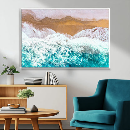 26870666-MGV-CV-36X24-Aerial Beach Wall Art Canvas Print, Framed Ocean Waves Art Picture Print, Coastal Landscape Perfect Coastal Minimalist Decor