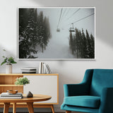 87018452-MGV-CV-36X24-Ski Lift Wall Art Canvas Print, Framed Snowy Pines Art Picture Print, Misty Landscape Perfect Winter Serenity Decor Artwork