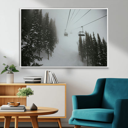 87018452-MGV-CV-36X24-Ski Lift Wall Art Canvas Print, Framed Snowy Pines Art Picture Print, Misty Landscape Perfect Winter Serenity Decor Artwork