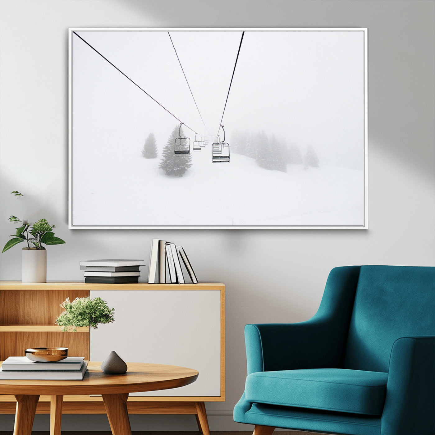 20216390-MGV-FC-36X24_White-Ski Lift Wall Art Canvas Print, Framed Snowy Landscape Art Picture Print, Alpine Adventure Perfect Nordic Minimalist Decor Artwork