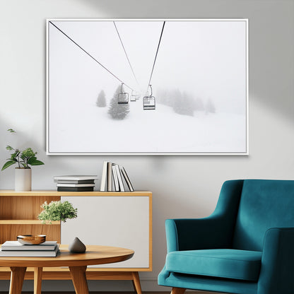 20216390-MGV-FC-36X24_White-Ski Lift Wall Art Canvas Print, Framed Snowy Landscape Art Picture Print, Alpine Adventure Perfect Nordic Minimalist Decor Artwork