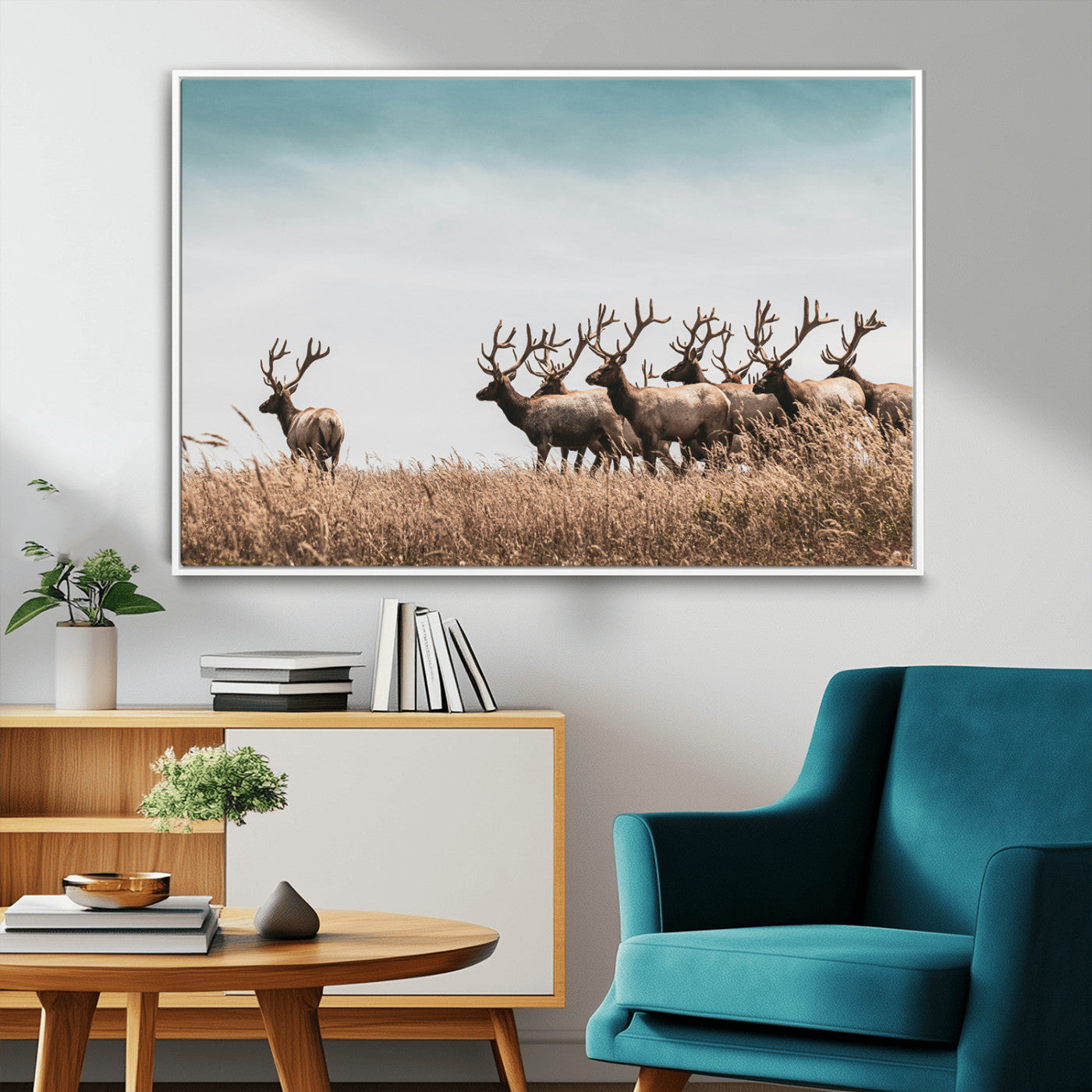 81594705-MGV-FC-36X24_White-Elk Herd Wall Art Canvas Print, Framed Wildlife Photography Art Picture Print, Rustic Nature Print Perfect Rustic Wildlife Decor