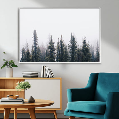 42364796-MGV-FC-36X24_White-Foggy Forest Wall Art Canvas Print, Framed Misty Pines Art Picture Print, Moody Woodland Perfect Scandinavian Minimalist Decor
