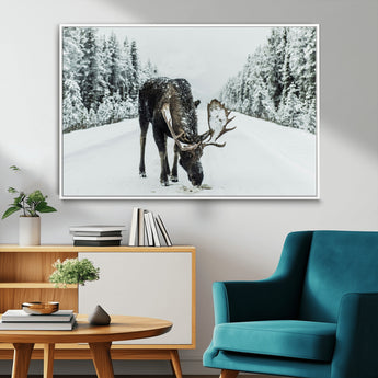 13316292-MGV-FC-36X24_White-Moose in Snow Wall Art Canvas Print, Framed Winter Wildlife Art Picture Print, Snowy Forest Scene Perfect Rustic Lodge Decor