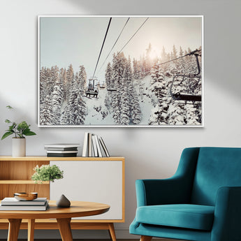 91534512-MGV-FC-36X24_White-Frosty Pines Wall Art Canvas Print, Framed Cozy Cabin View Art Picture Print, Ski Lift Ride Perfect Rustic Lodge Decor Artwork