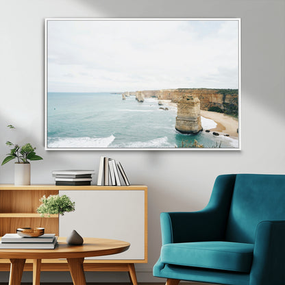 70095633-MGV-CV-36X24-Twelve Apostles Wall Art Canvas Print, Framed Coastal Cliffs Art Picture Print, Rugged Rock Formations Perfect Minimalist Coastal