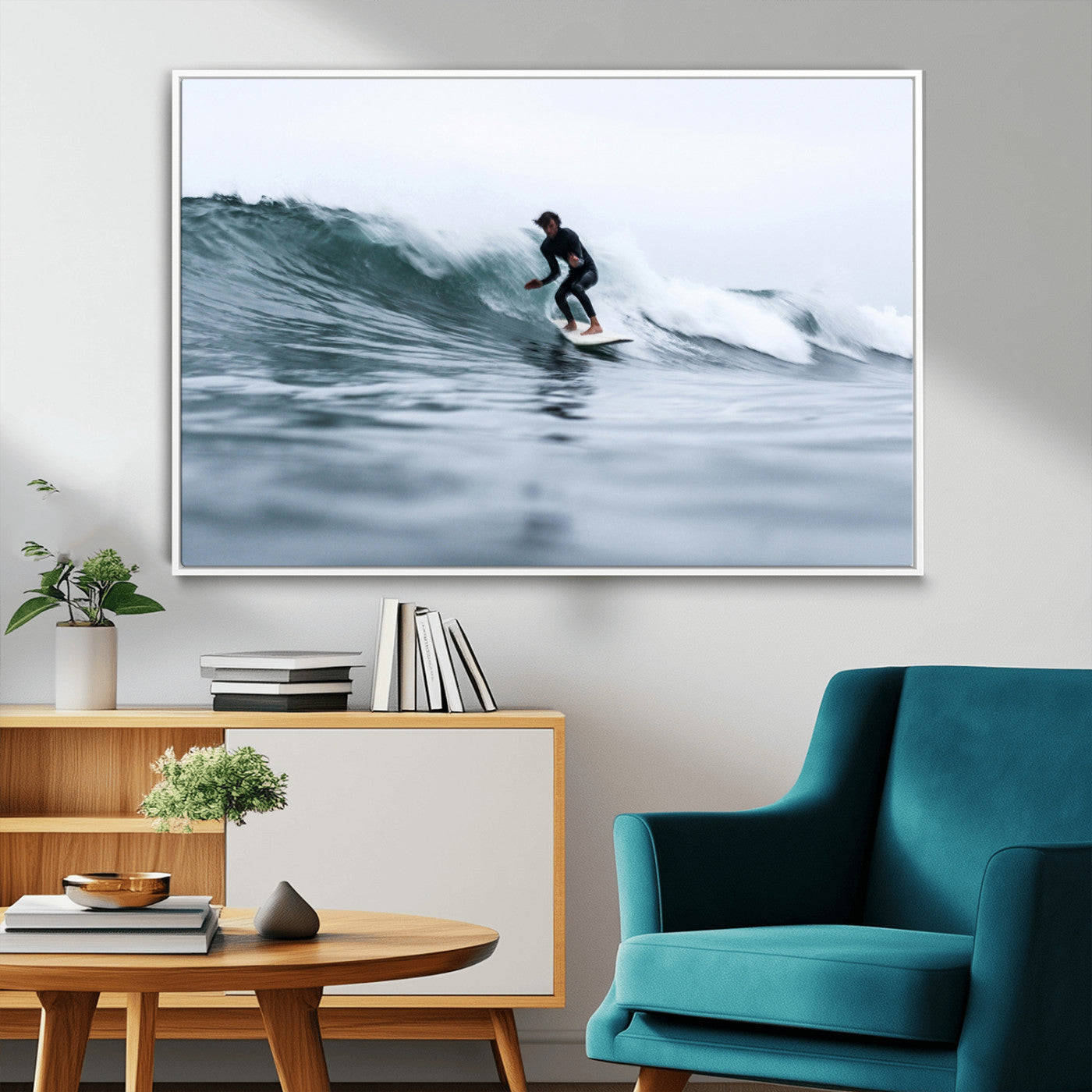 11693607-MGV-FC-36X24_White-Surfer on Wave Wall Art Canvas Print, Framed Ocean Adventure Art Picture Print, Motion Blur Water Perfect Coastal Adventure Decor