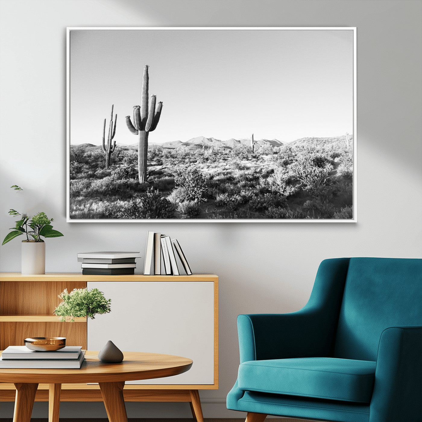 85205054-MGV-FC-36X24_White-Saguaro Cactus Wall Art Canvas Print, Framed Monochrome Landscape Art Picture Print, Scenic Arizona View Perfect Minimalist