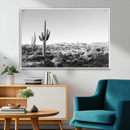 85205054-MGV-FC-36X24_White-Saguaro Cactus Wall Art Canvas Print, Framed Monochrome Landscape Art Picture Print, Scenic Arizona View Perfect Minimalist