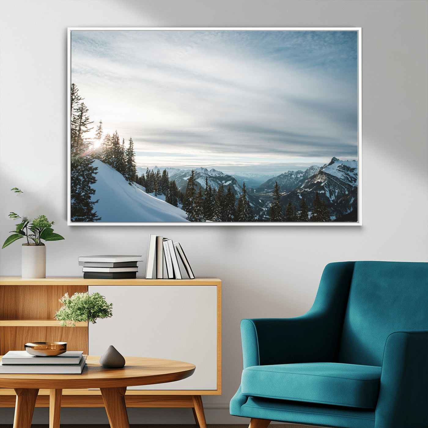 55564749-MGV-FC-36X24_White-Snowy Mountains Wall Art Canvas Print, Framed Alpine Landscape Art Picture Print, Frosty Peaks Perfect Nordic Minimalist Decor
