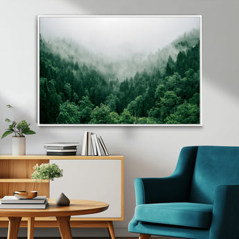 45265379-MGV-FC-36X24_White-Misty Forest Wall Art – Green Mountain Pine Tree Landscape Canvas Print, Nature Photography Artwork Home Decor for Bedroom, Living