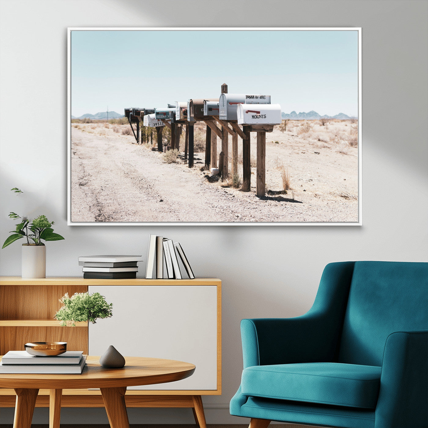54616109-MGV-FC-36X24_White-Desert Mailboxes Wall Art – Rustic Rural Roadside Photography Canvas Print, American Southwest Landscape Home Decor for Living