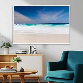 55017356-MGV-FC-36X24_White-Ocean Beach Wall Art – Turquoise Wave and White Sand Shoreline Canvas Print, Coastal Seascape Photography Decor for Living Room,