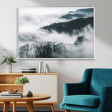 67569654-MGV-FC-36X24_White-Foggy Forest Wall Art – Mist Covered Hills and Trees Landscape Canvas Print, Moody Nature Photography Decor for Living Room,
